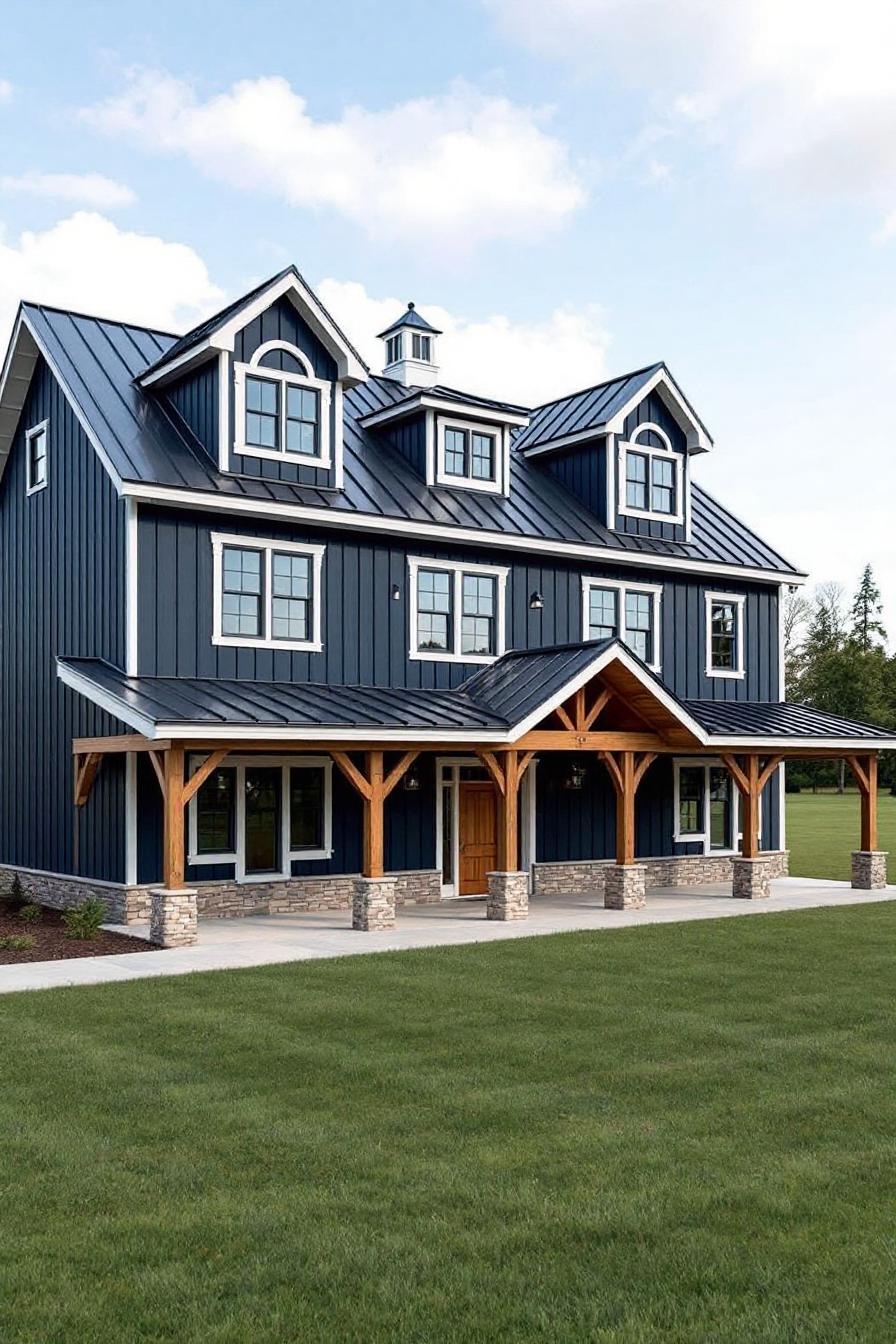 A two-story barndominium with a slanted roof and wooden accents