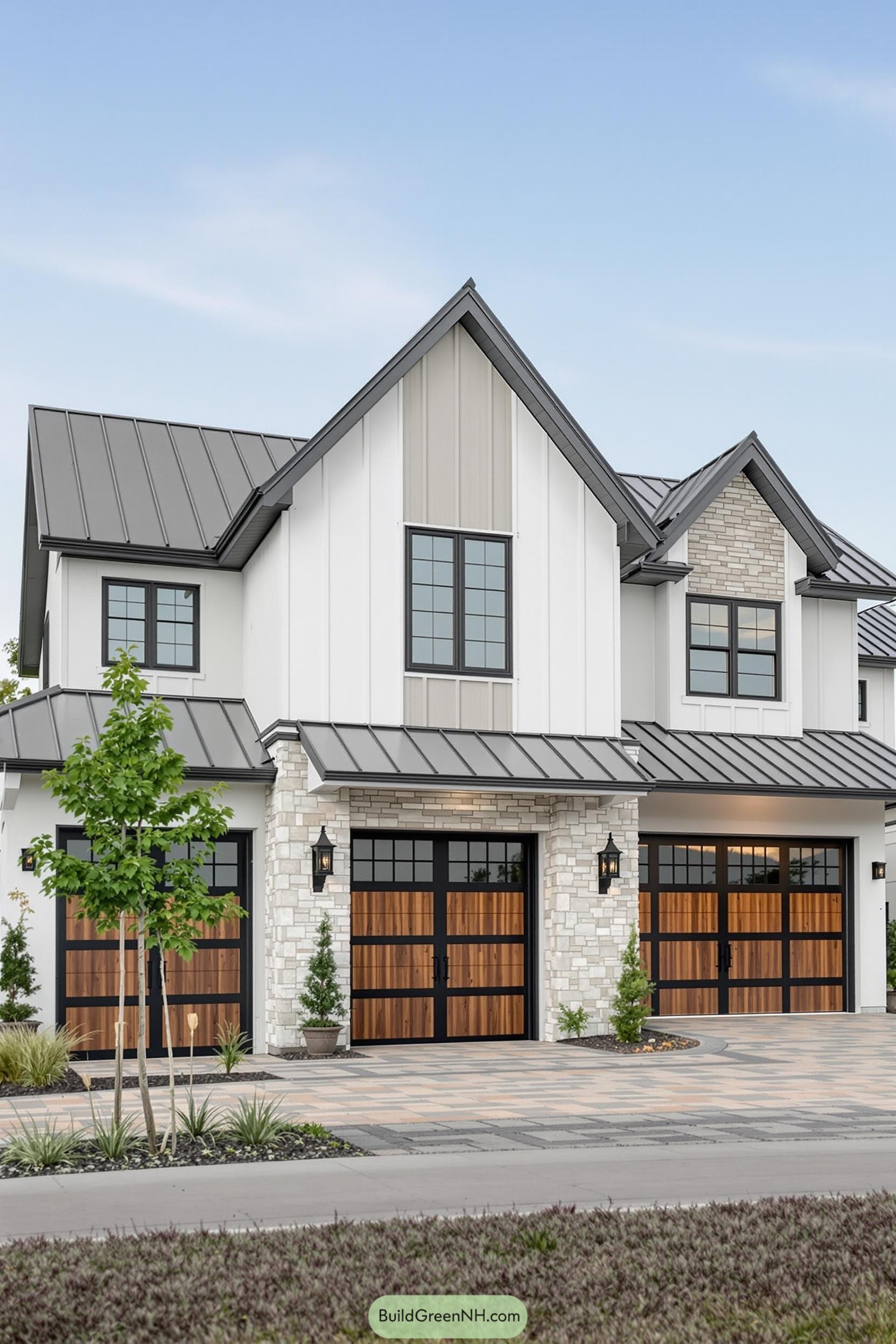 Modern farmhouse with stylish garage doors