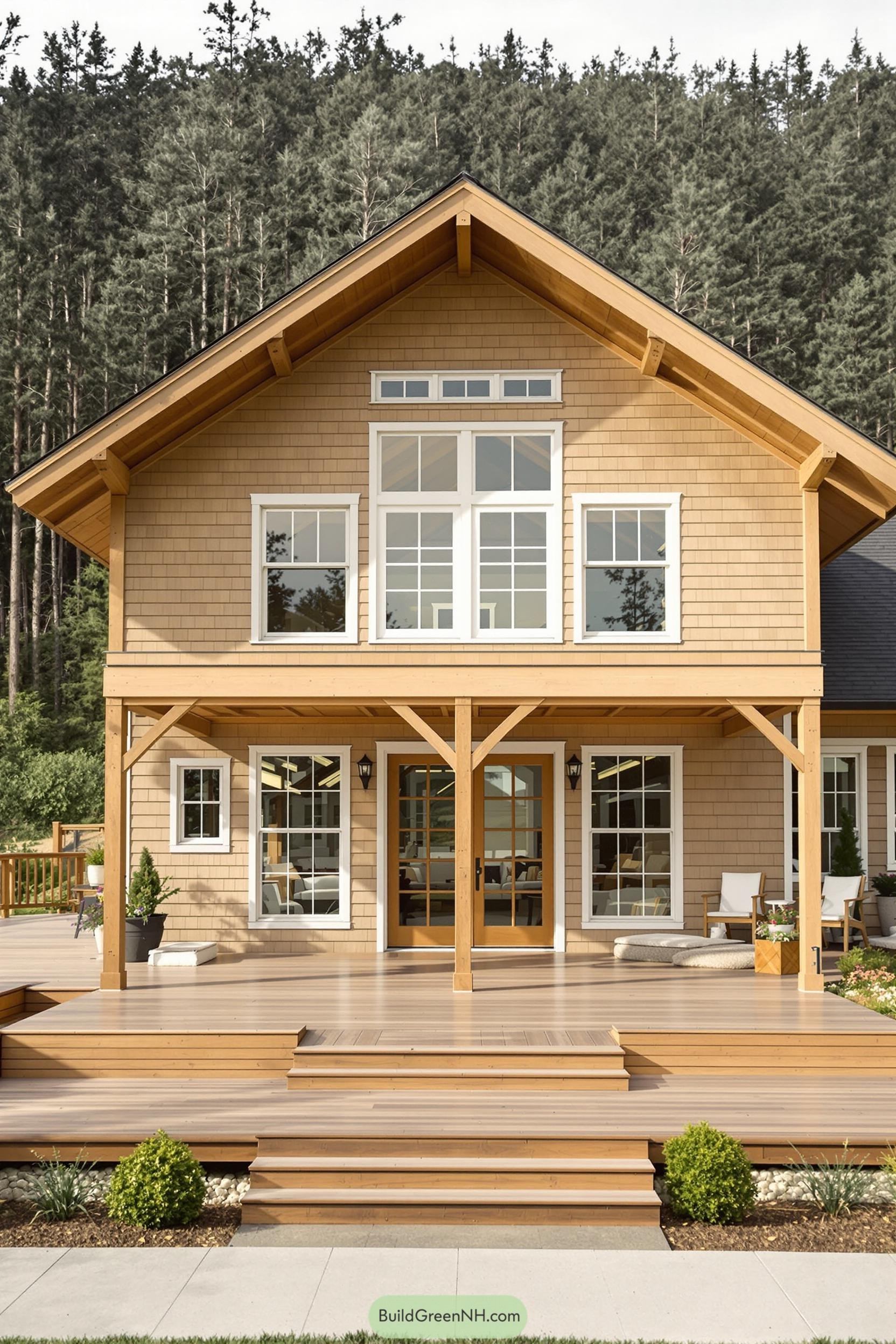 A wooden country house with a large deck
