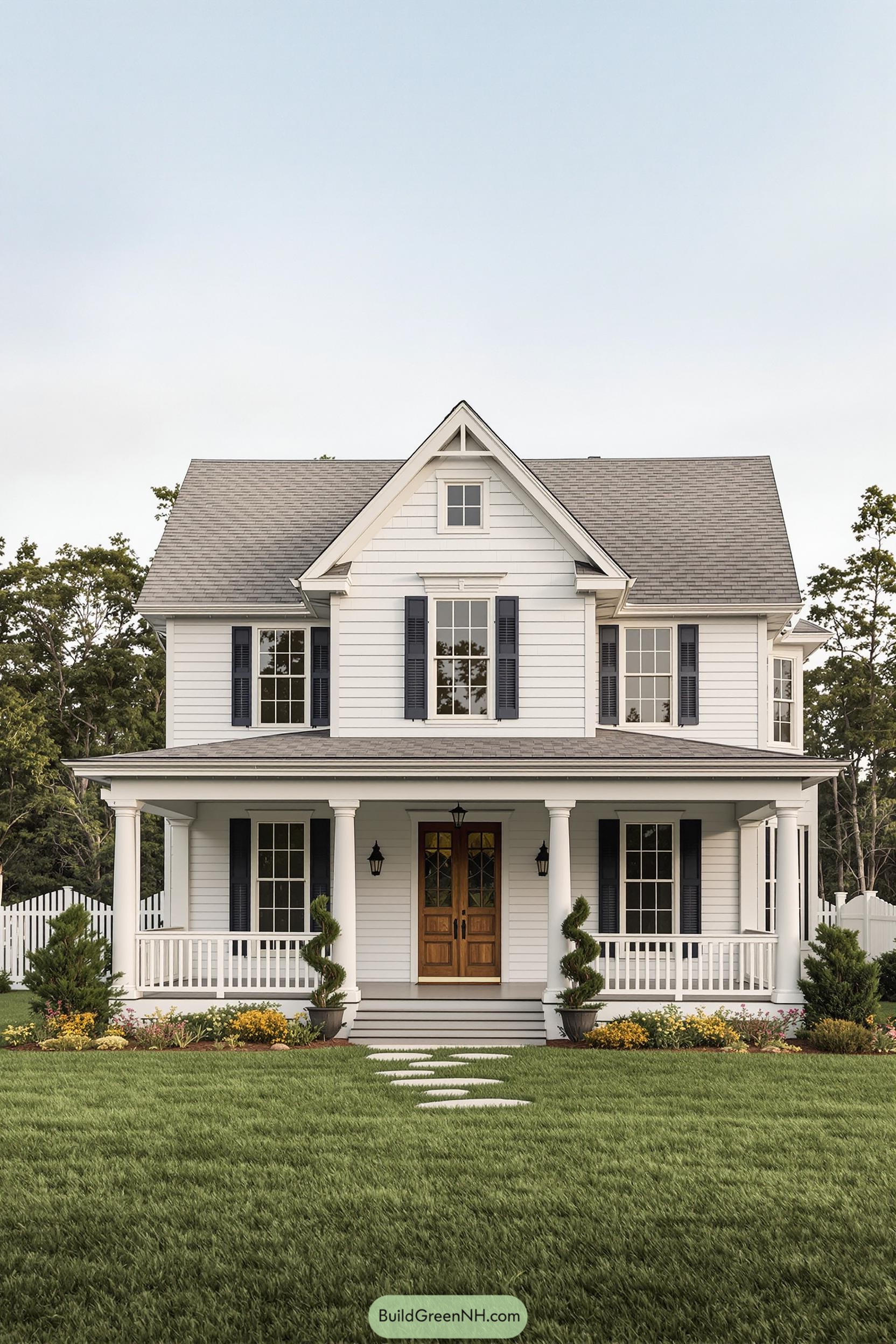White farmhouse with porch and garden