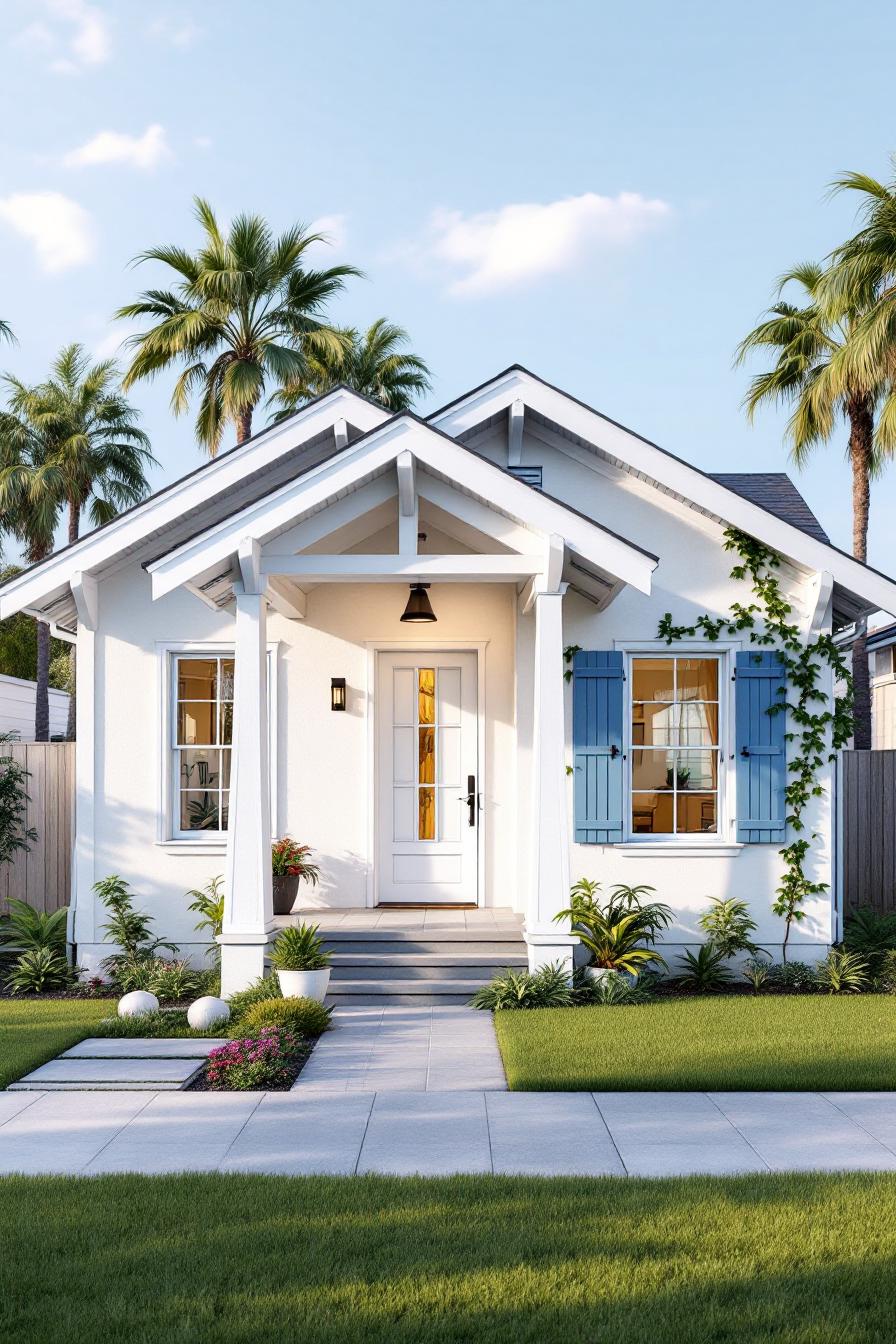 White bungalow with blue shutters and palm trees