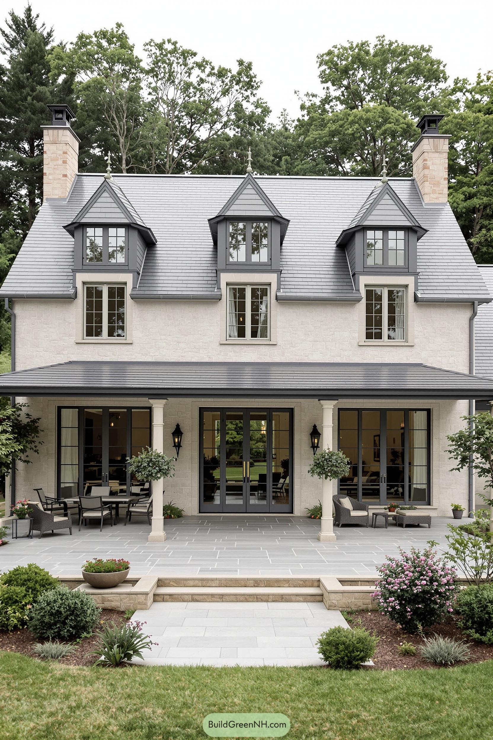 Charming stone house with gabled roof and lush garden