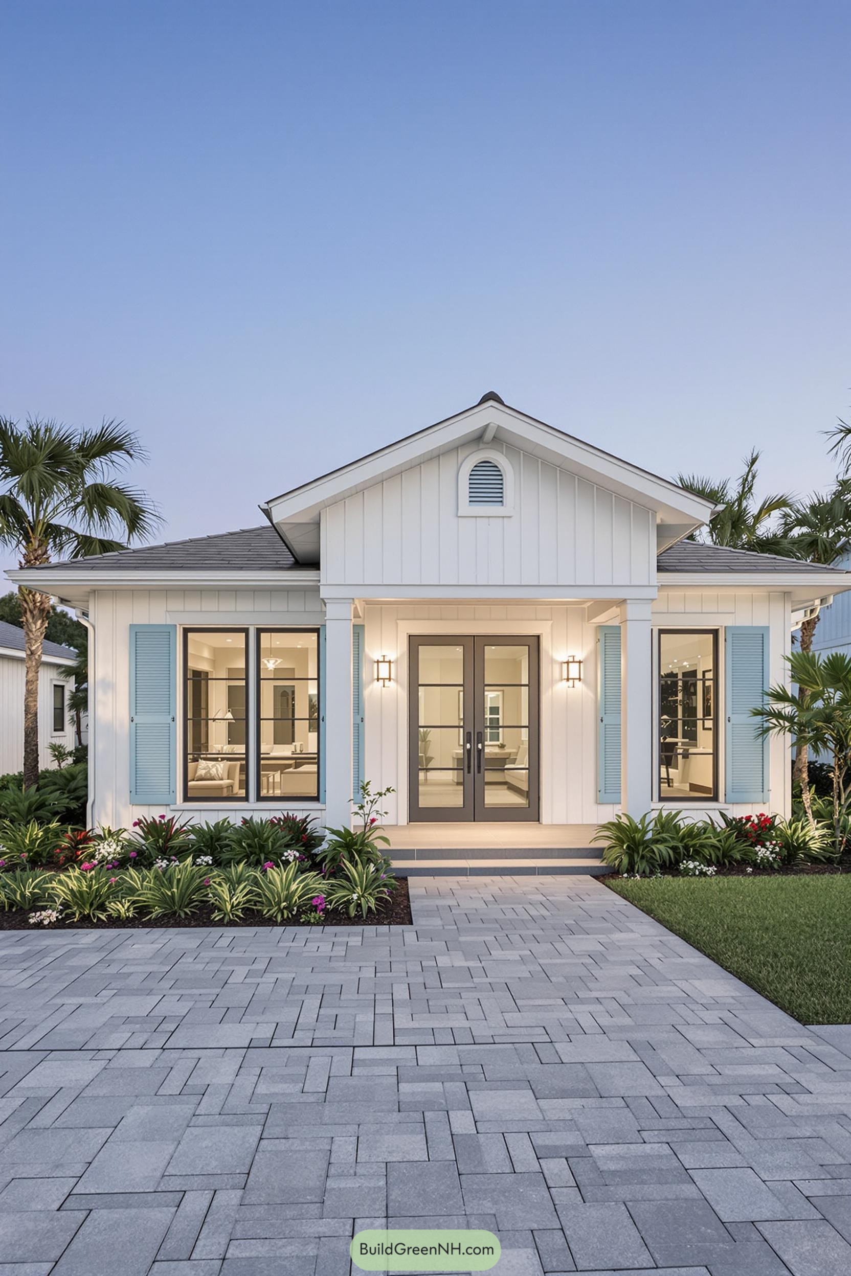 Small white bungalow with blue shutters and lush landscaping