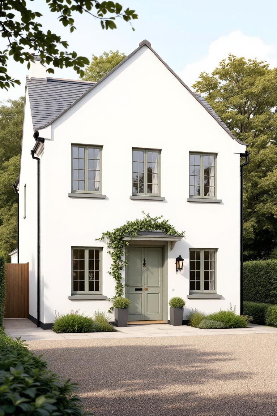 White farmhouse with green door and windows
