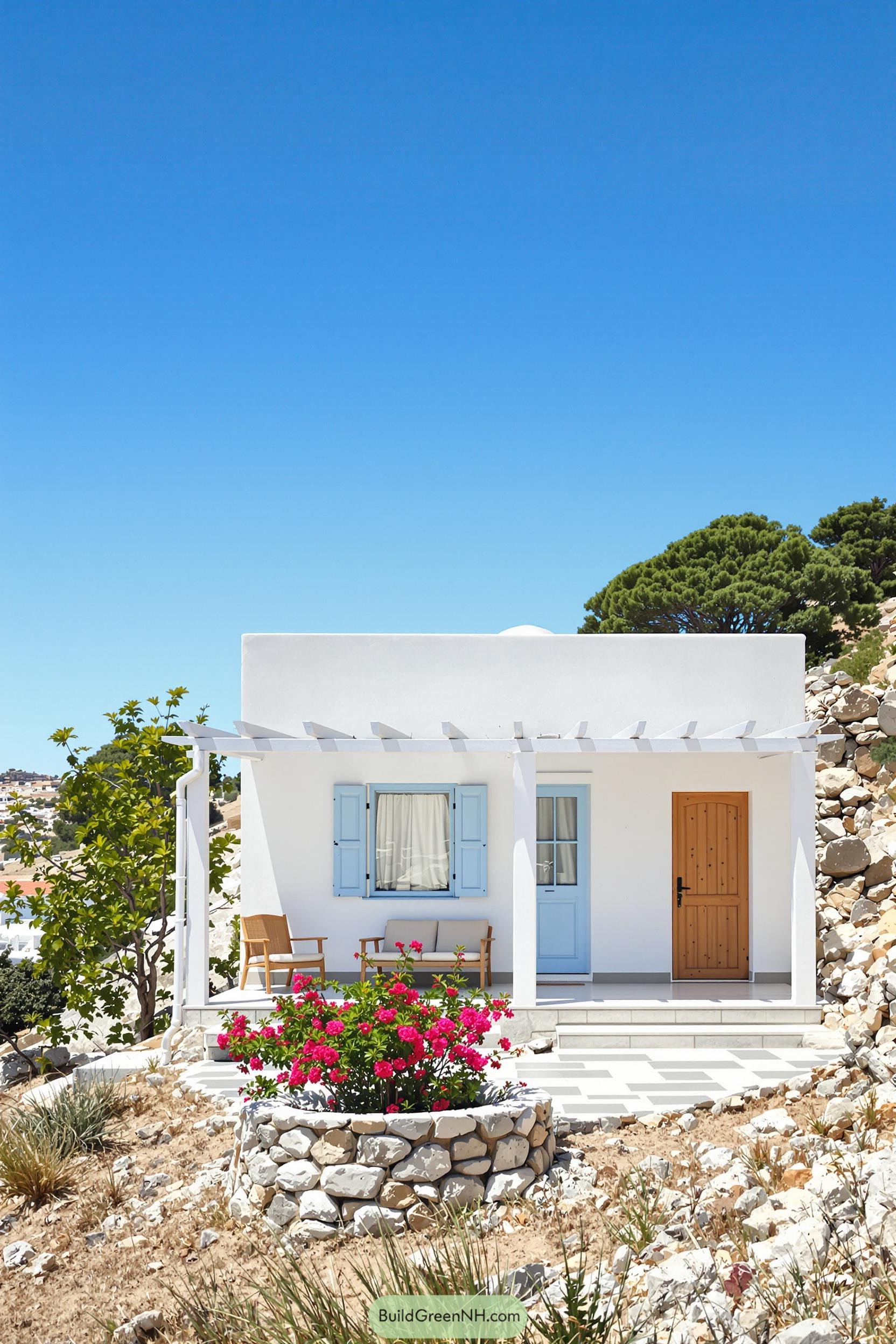 White cottage with blue shutters and a flower garden