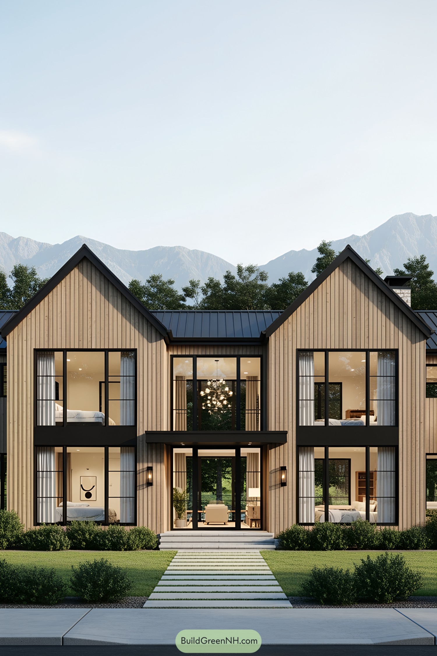 Scandinavian farmhouse with large windows and a sleek design