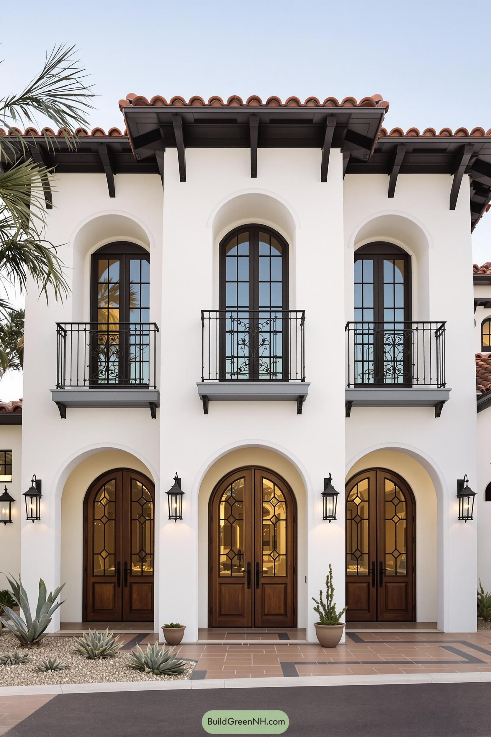 Classic Spanish Revival house with arches and balconies