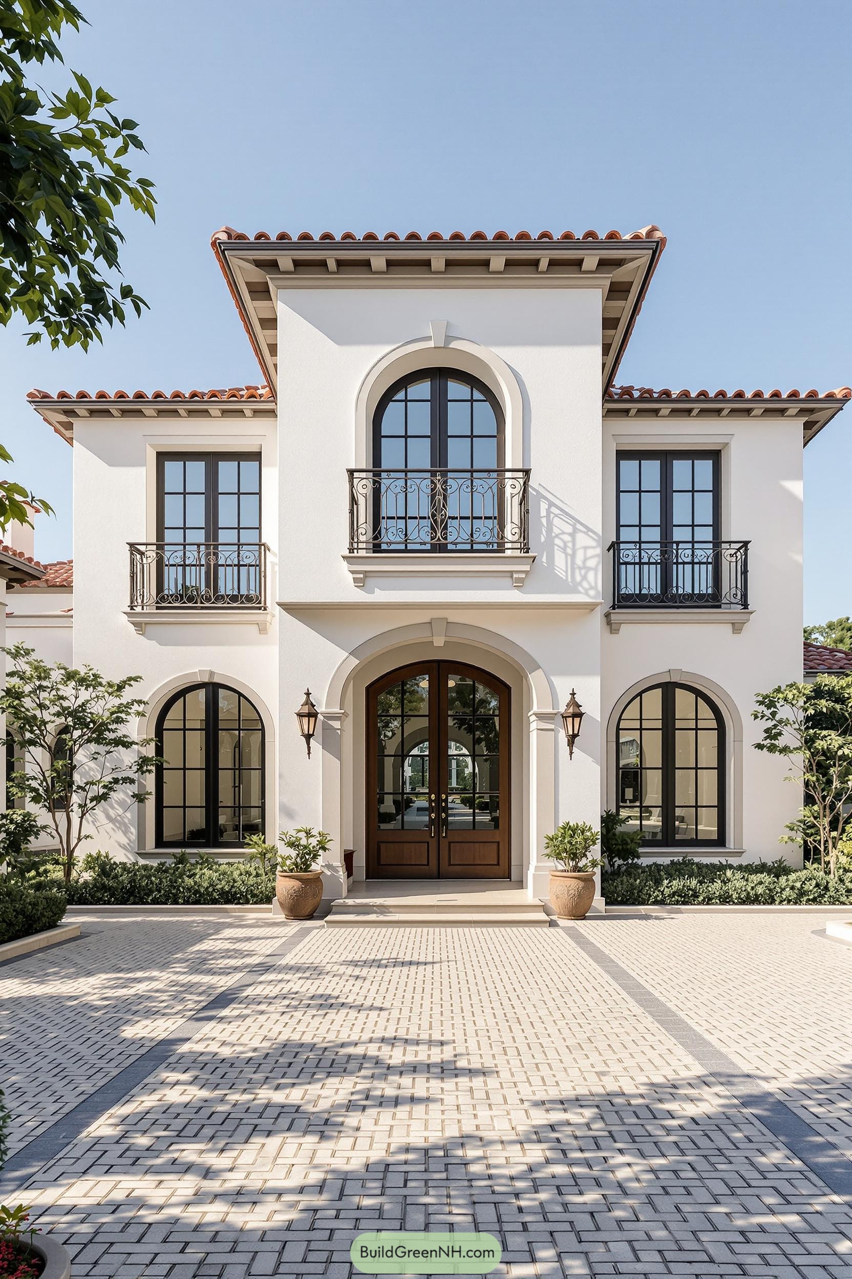 Elegant Tuscan-style house with arched windows and red-tiled roof