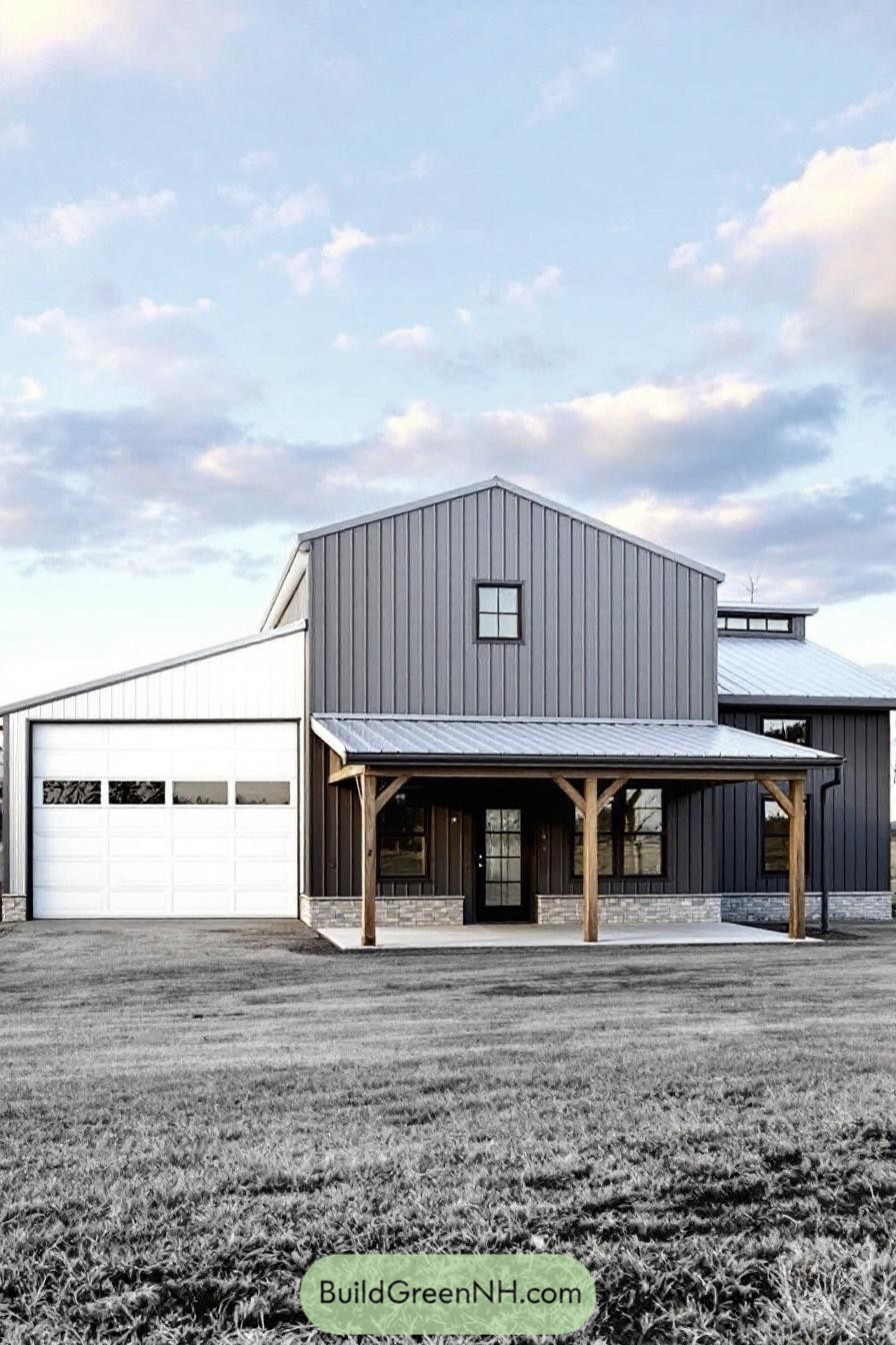 Barndominium front with garage and porch