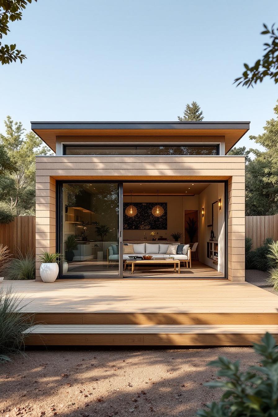 Modern beach shack with large glass doors and wooden deck