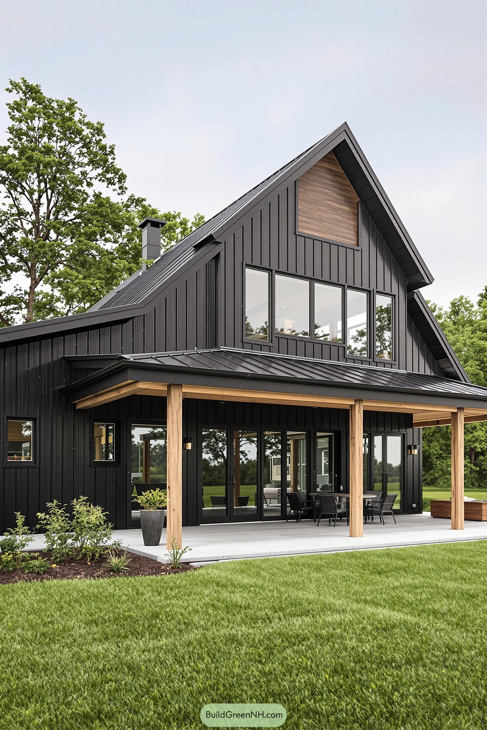 A black barndominium with wooden accents and large windows