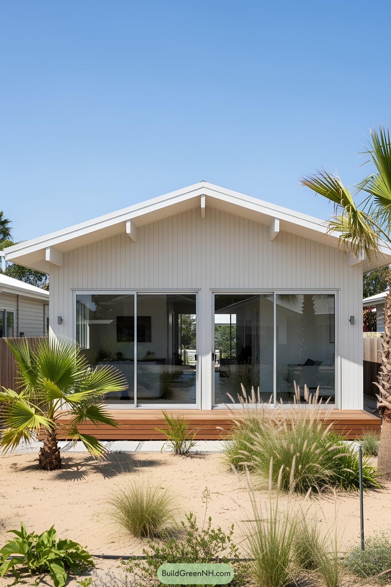 White bungalow with sliding glass doors and a sandy garden