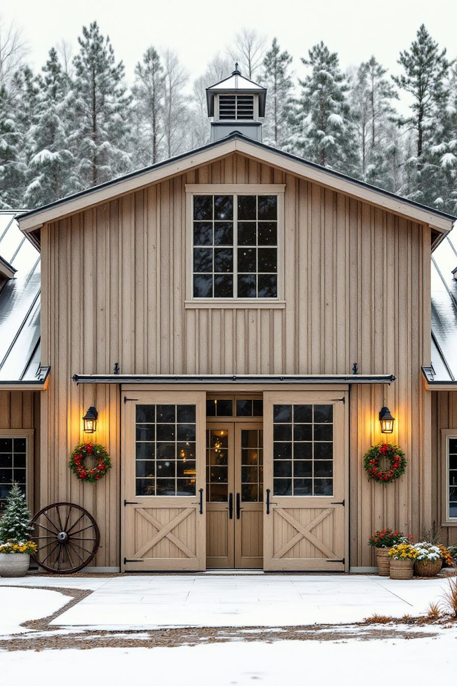 Rustic barn with wreaths and snow