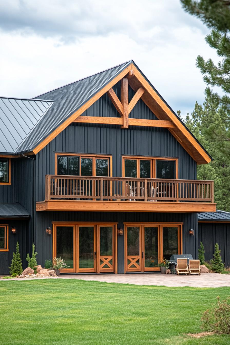 A dark-colored country house with wooden accents