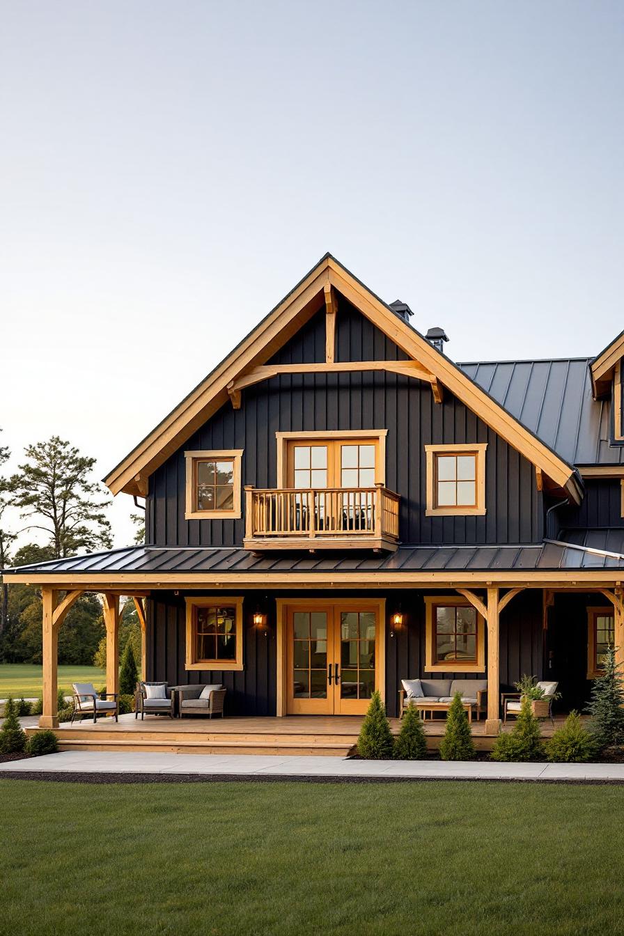 A charming countryside house with black wood siding and wooden trim