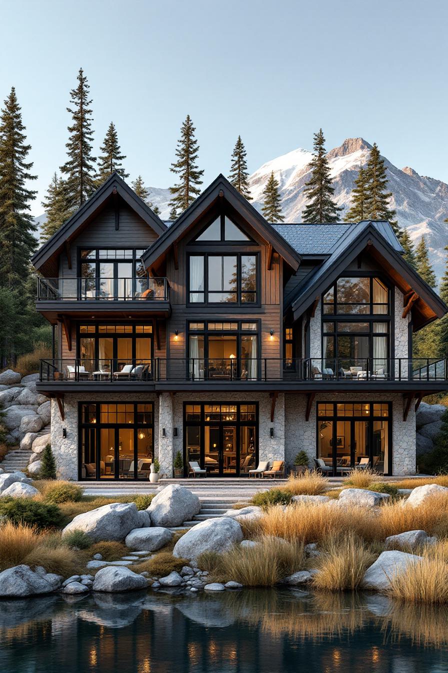 Mountain-side craftsman home with large windows and tranquil surroundings