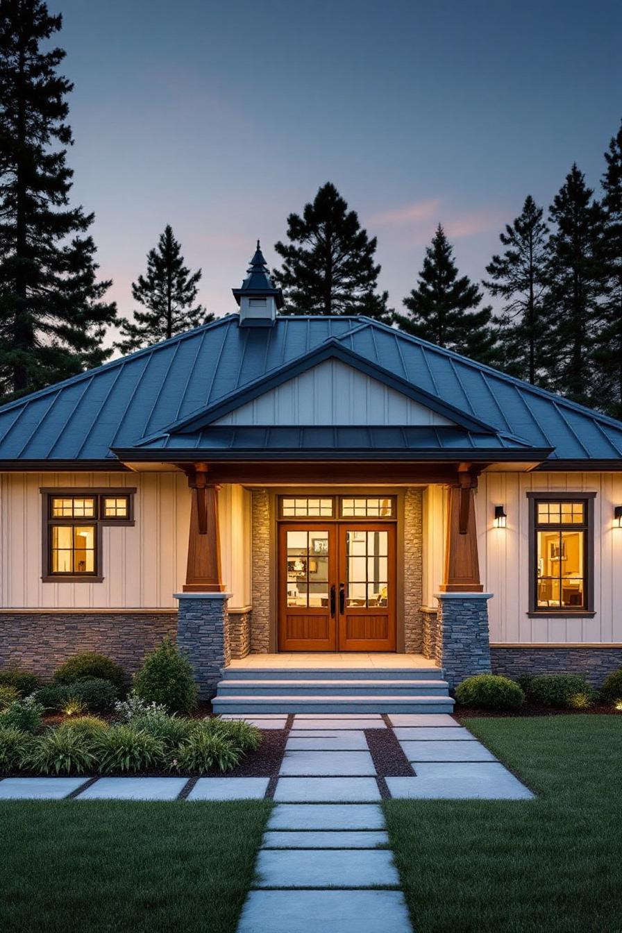 Charming Craftsman house with warm lighting at dusk