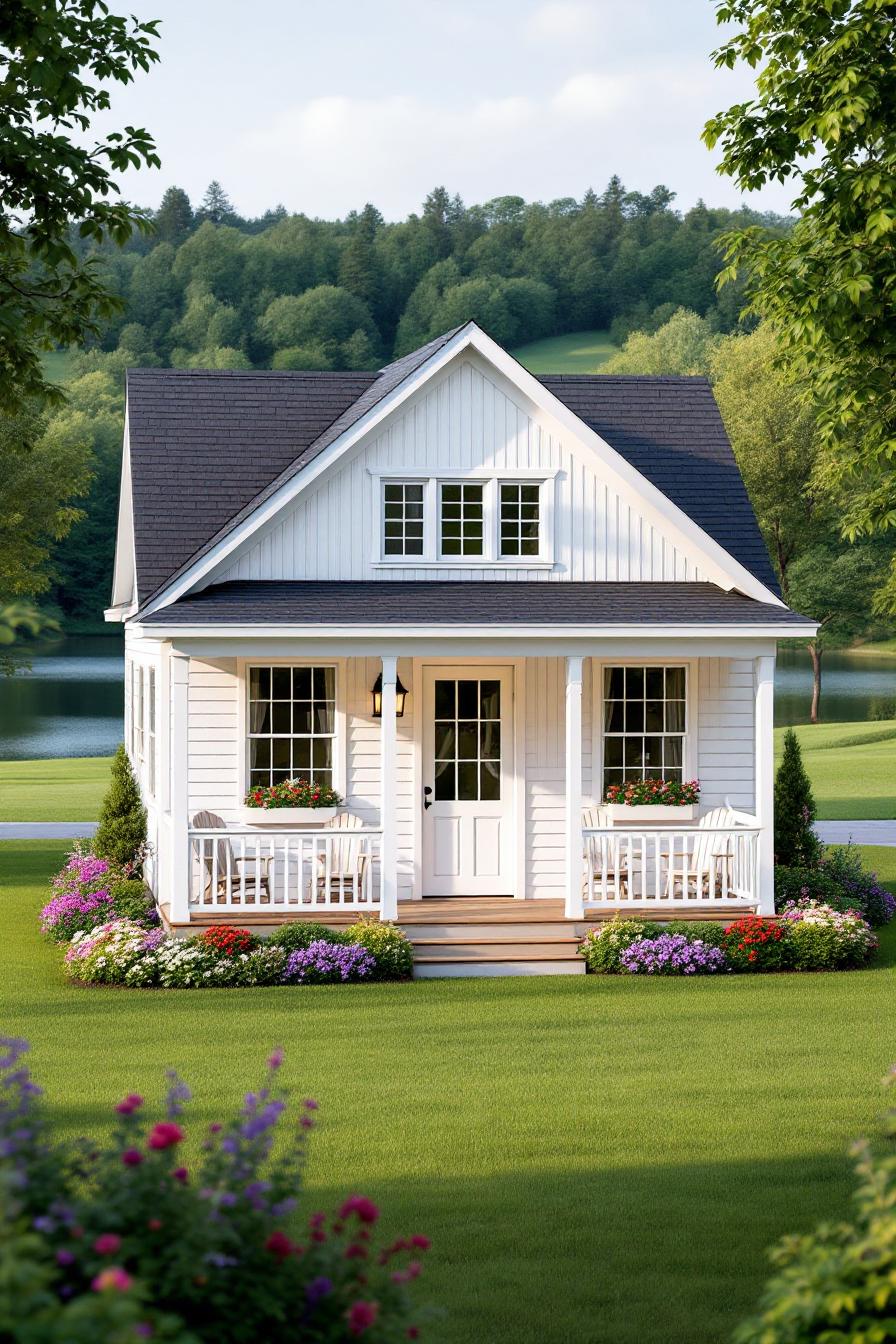 Cozy white cottage with a welcoming porch