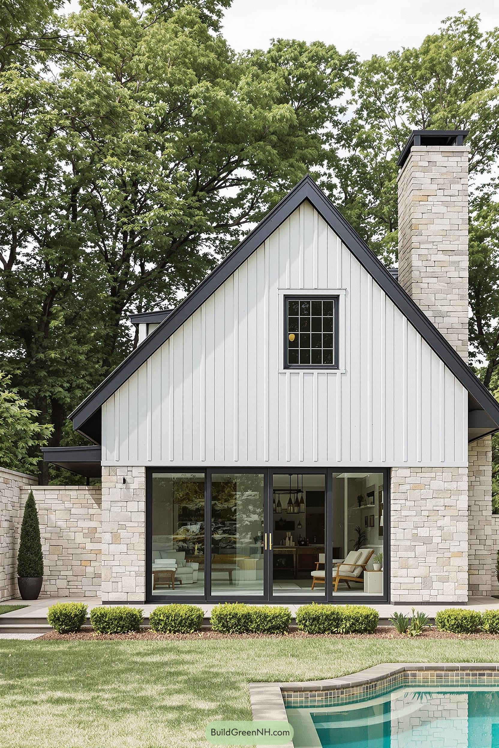 Contemporary pool house with stone and wood exterior