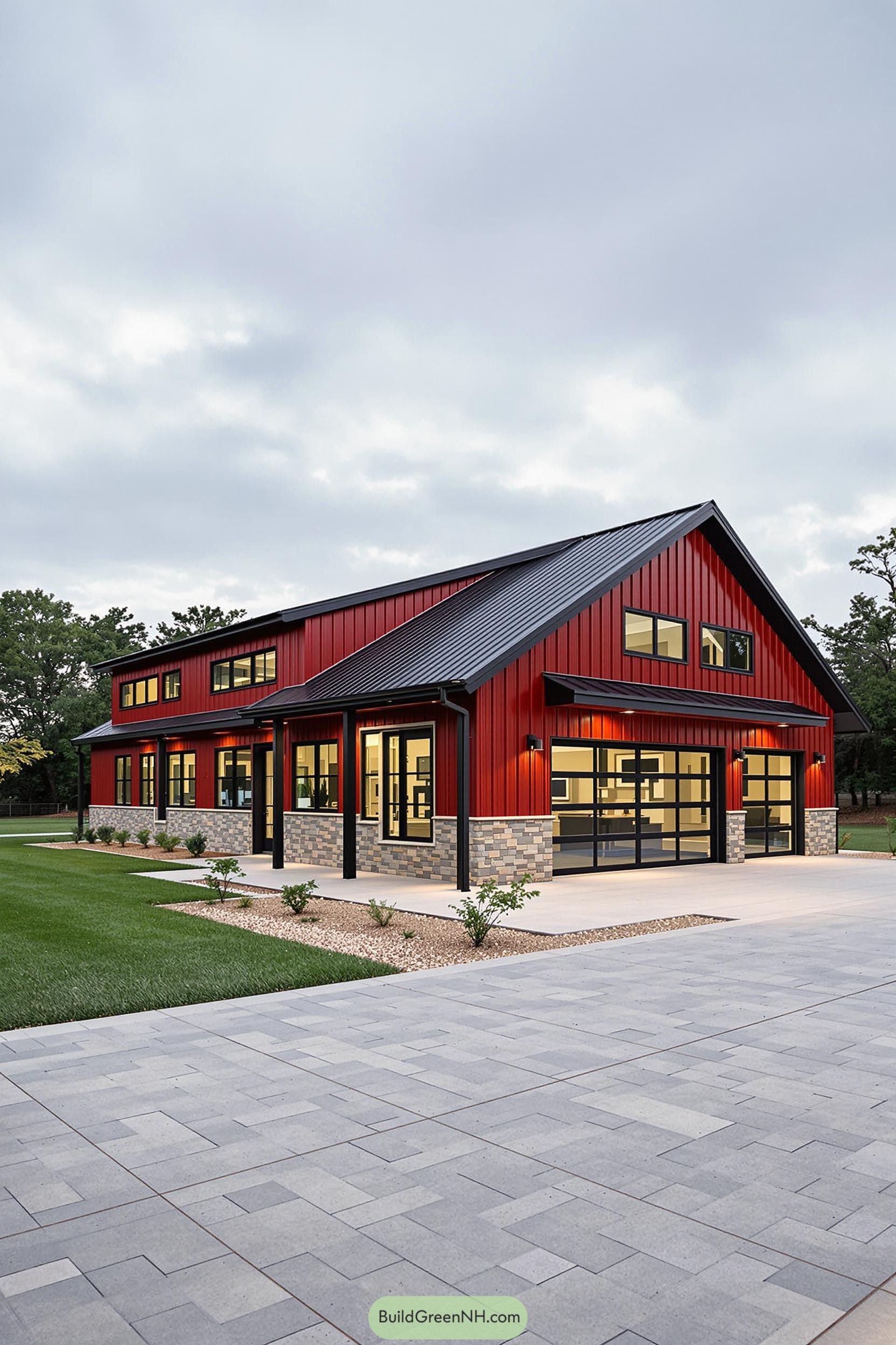 Bright red pole barn house with large windows
