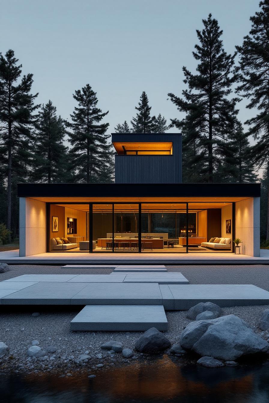 Modern house with large glass windows facing a forest