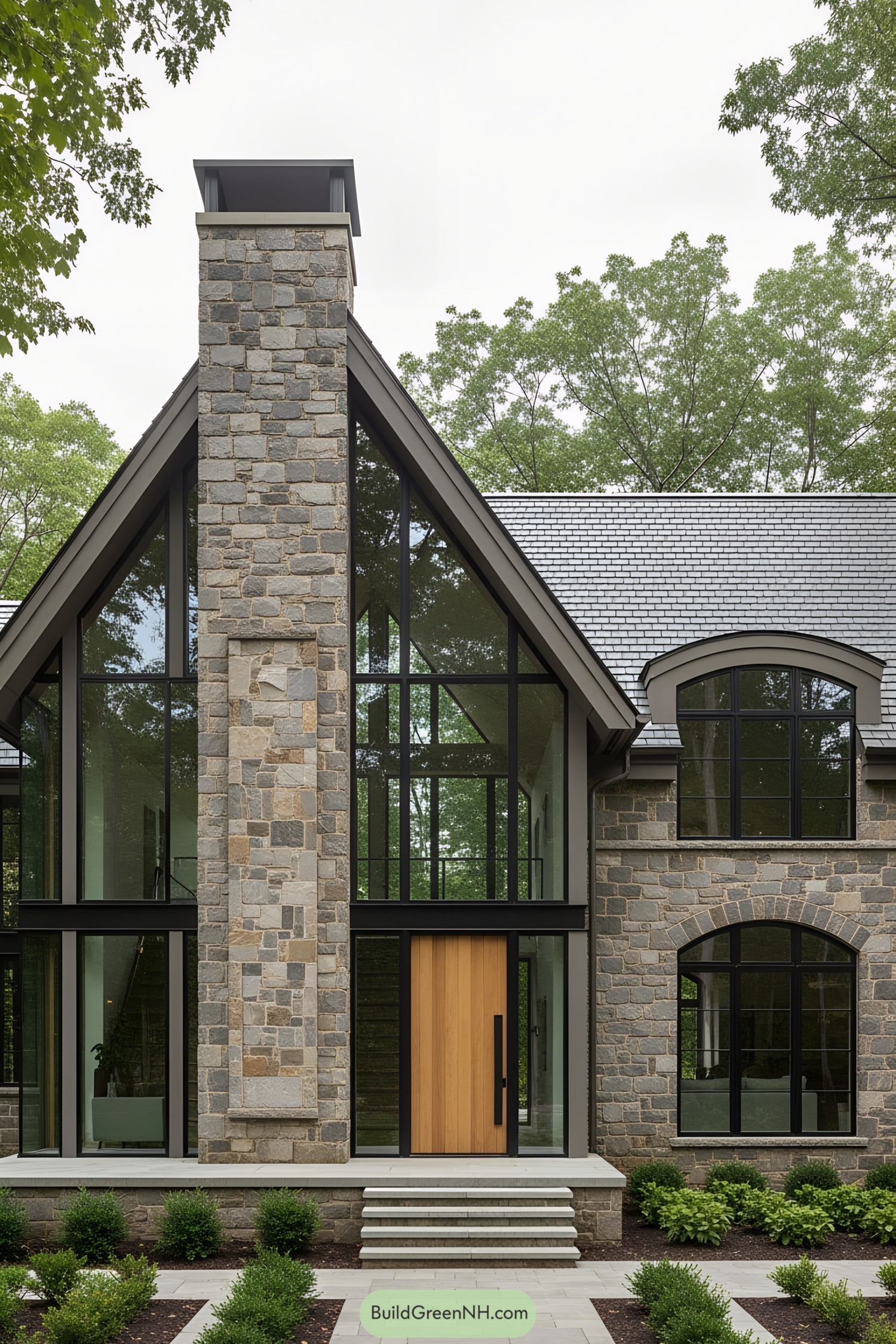 Rustic house with stone facade and large windows
