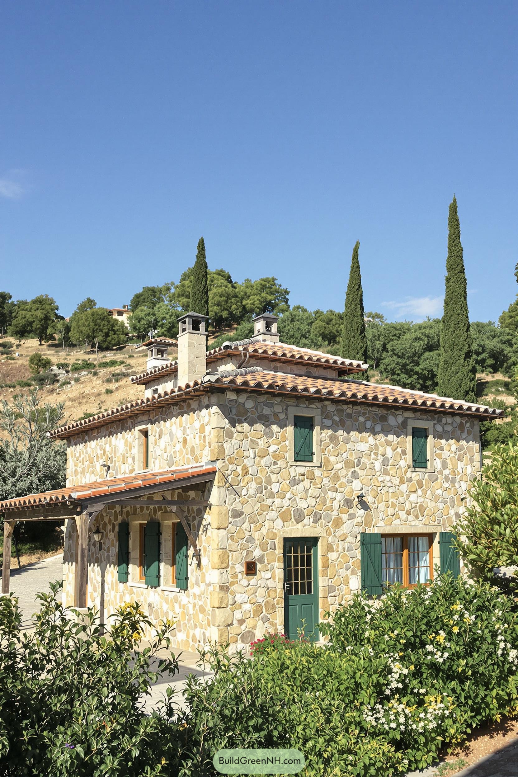 Stone house with green shutters under a clear blue sky