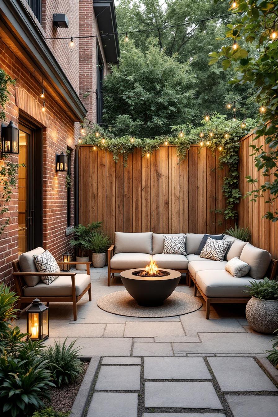 Charming small courtyard with seating and string lights
