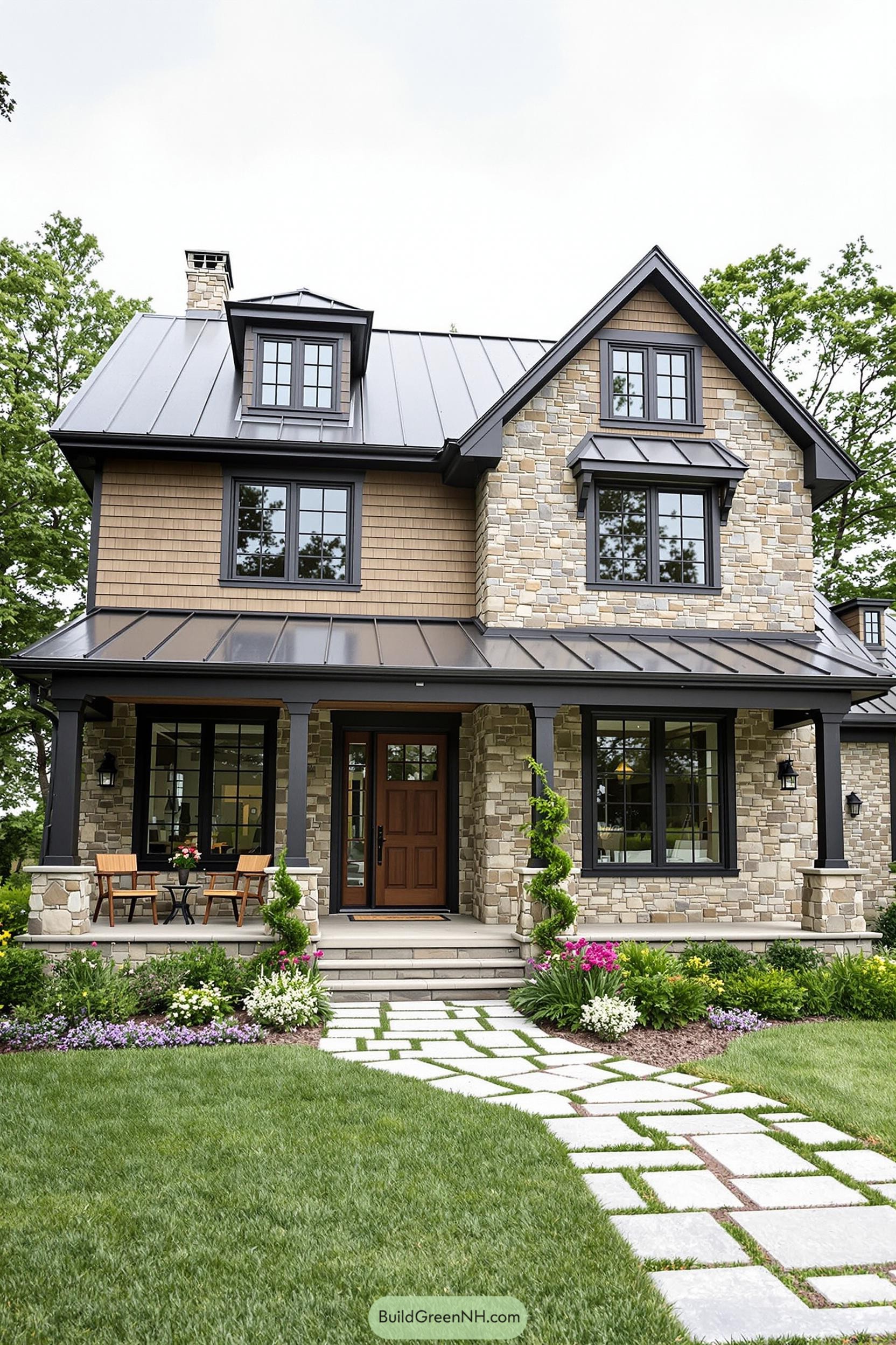 Stone farmhouse with front porch and garden