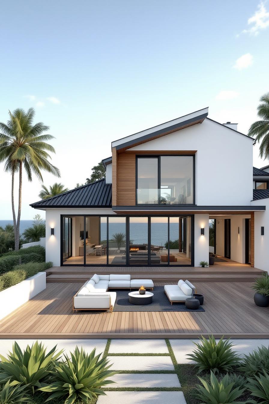 Sunken courtyard with coastal view