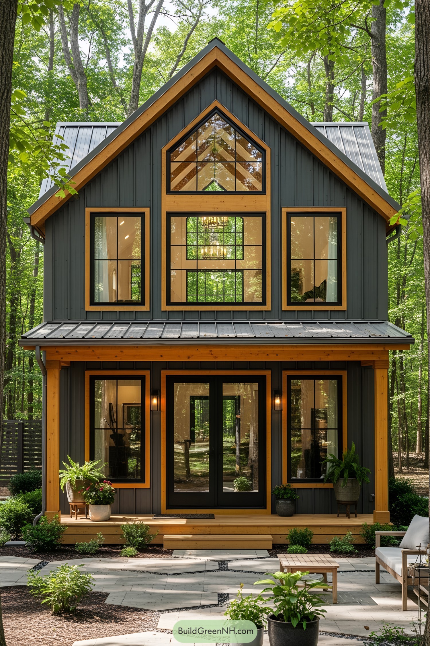 Compact barndominium with large windows surrounded by trees
