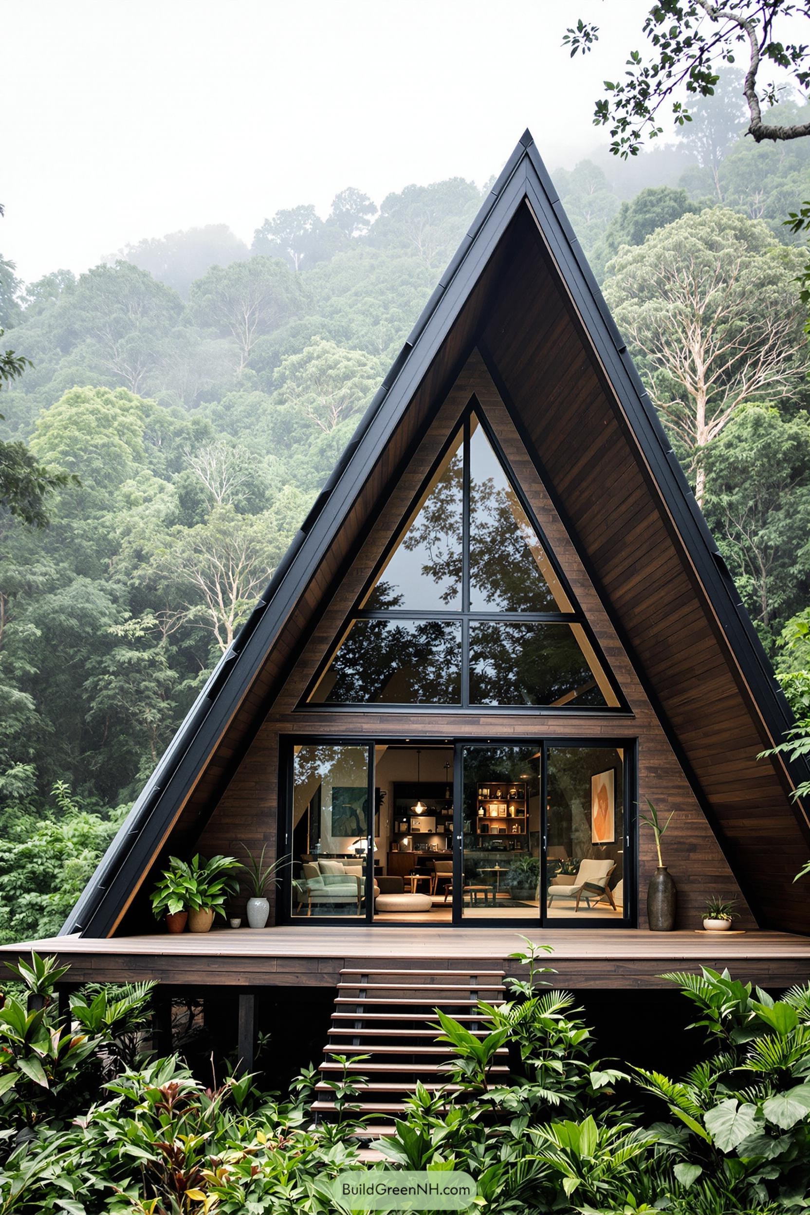 A-Frame cabin with large windows surrounded by lush greenery