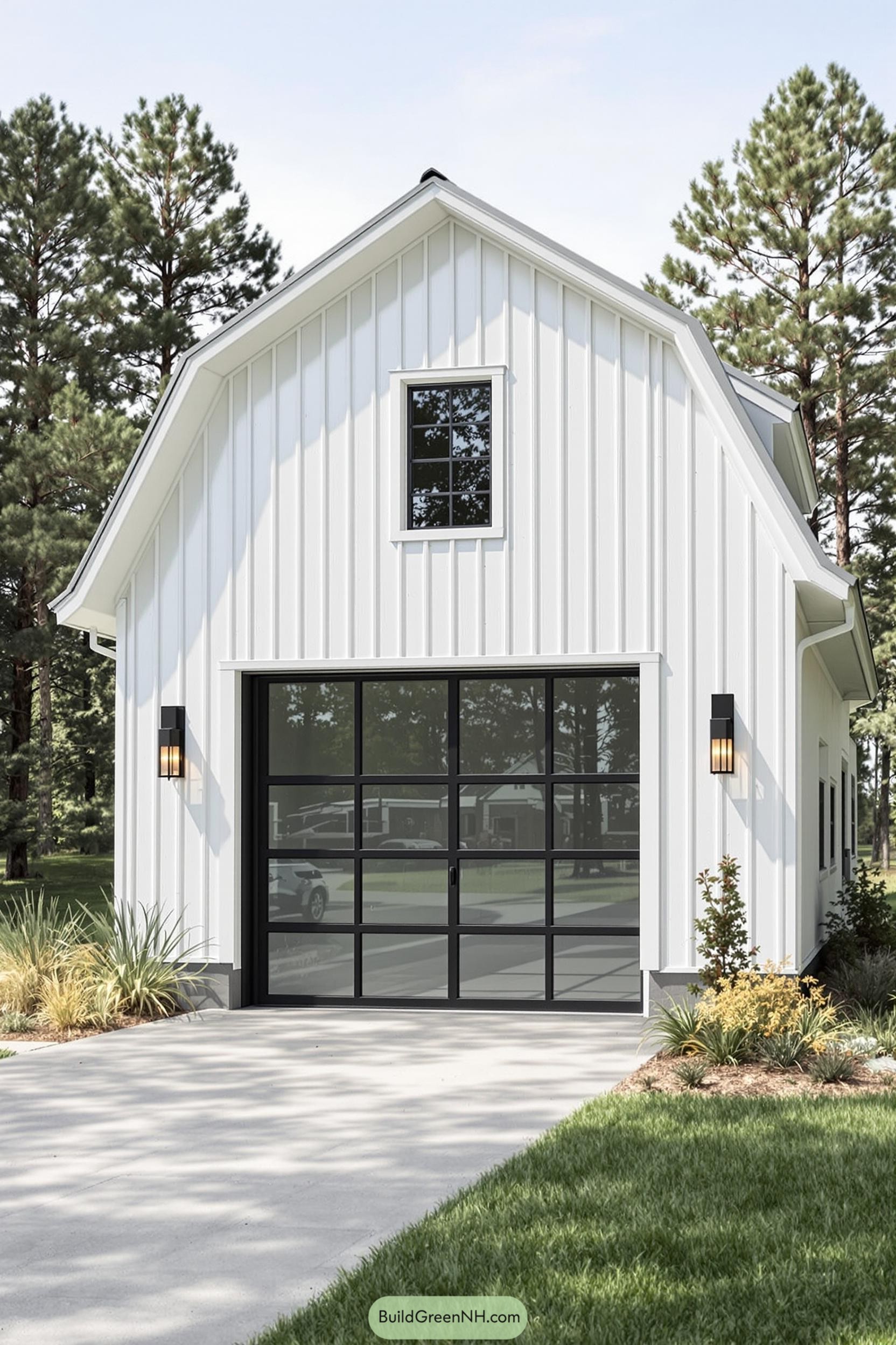 White barndominium with glass-paneled garage door