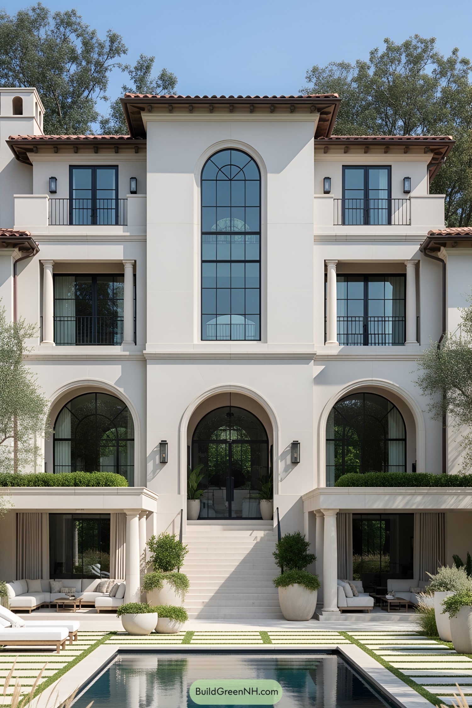 Luxury home with arched windows and a pool
