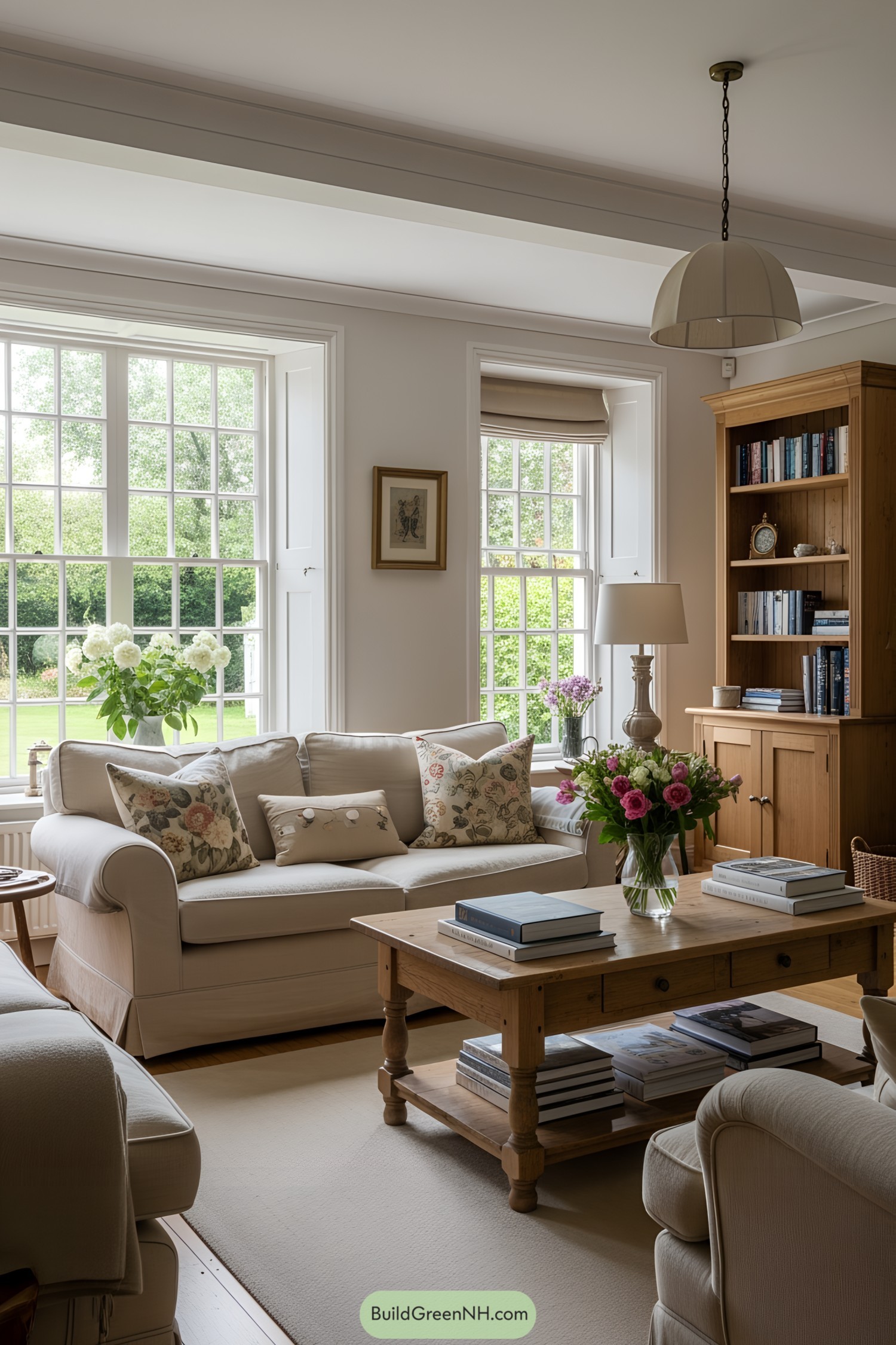 Bright living room with a large window and cozy furnishings