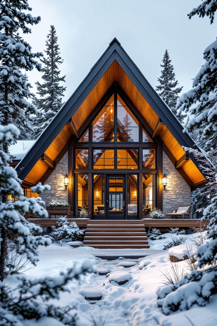 A-frame luxury cabin surrounded by snow-covered trees