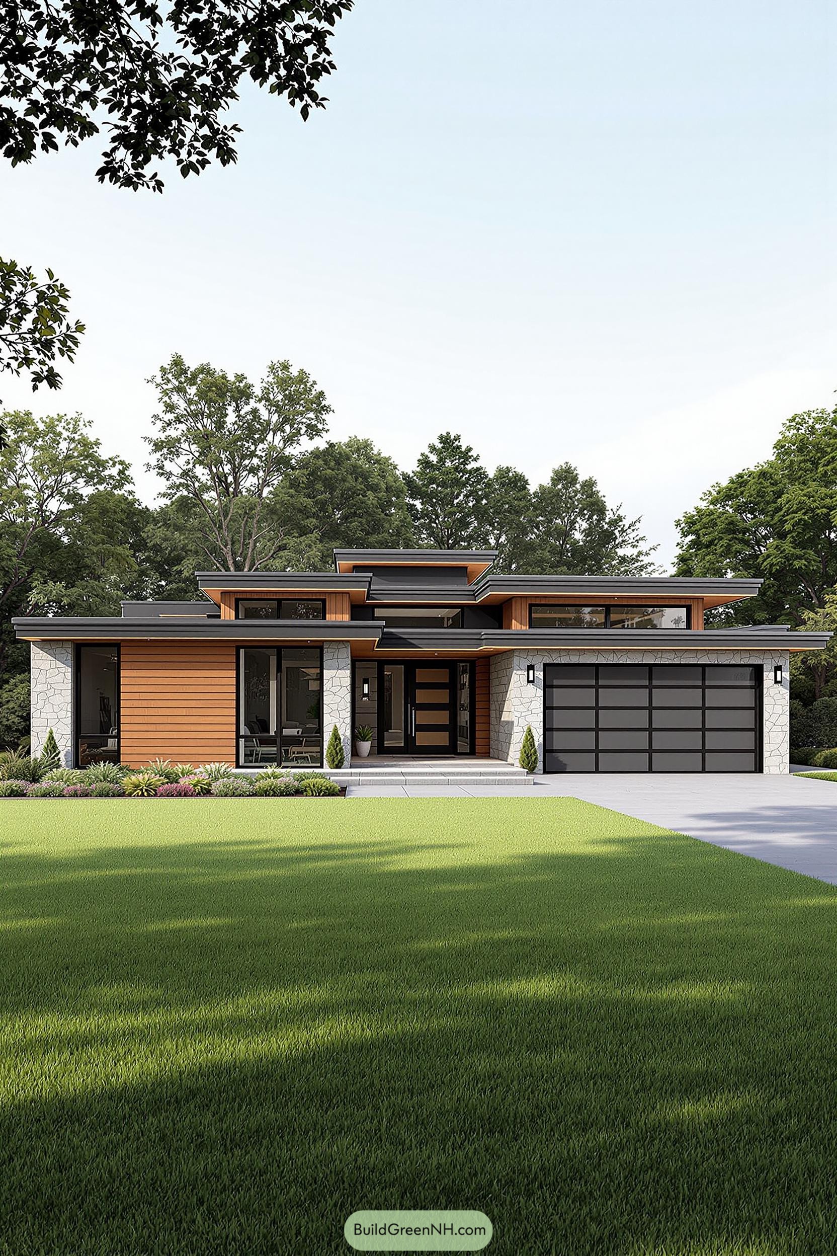 Contemporary ranch house with stone and wood exterior