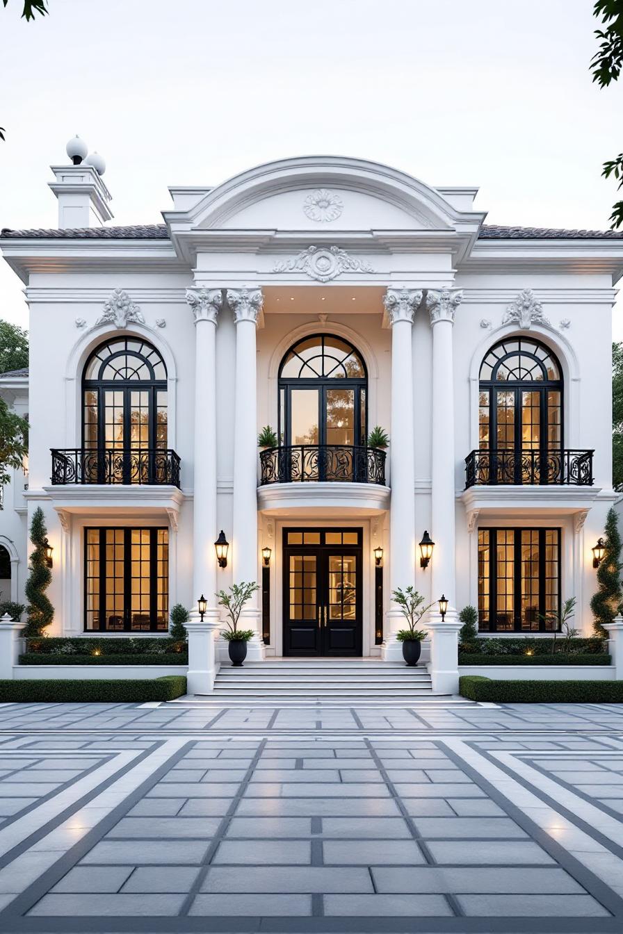 Elegant white villa with arched windows and lush greenery