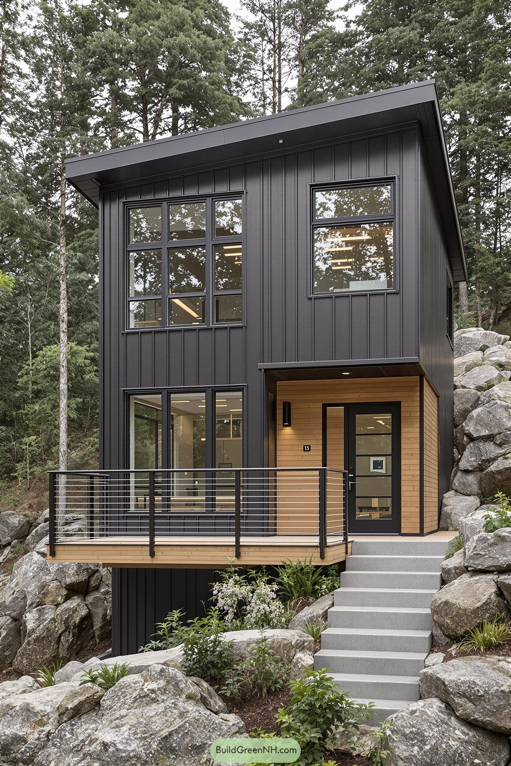 Modern house with dark exterior surrounded by rocky landscape