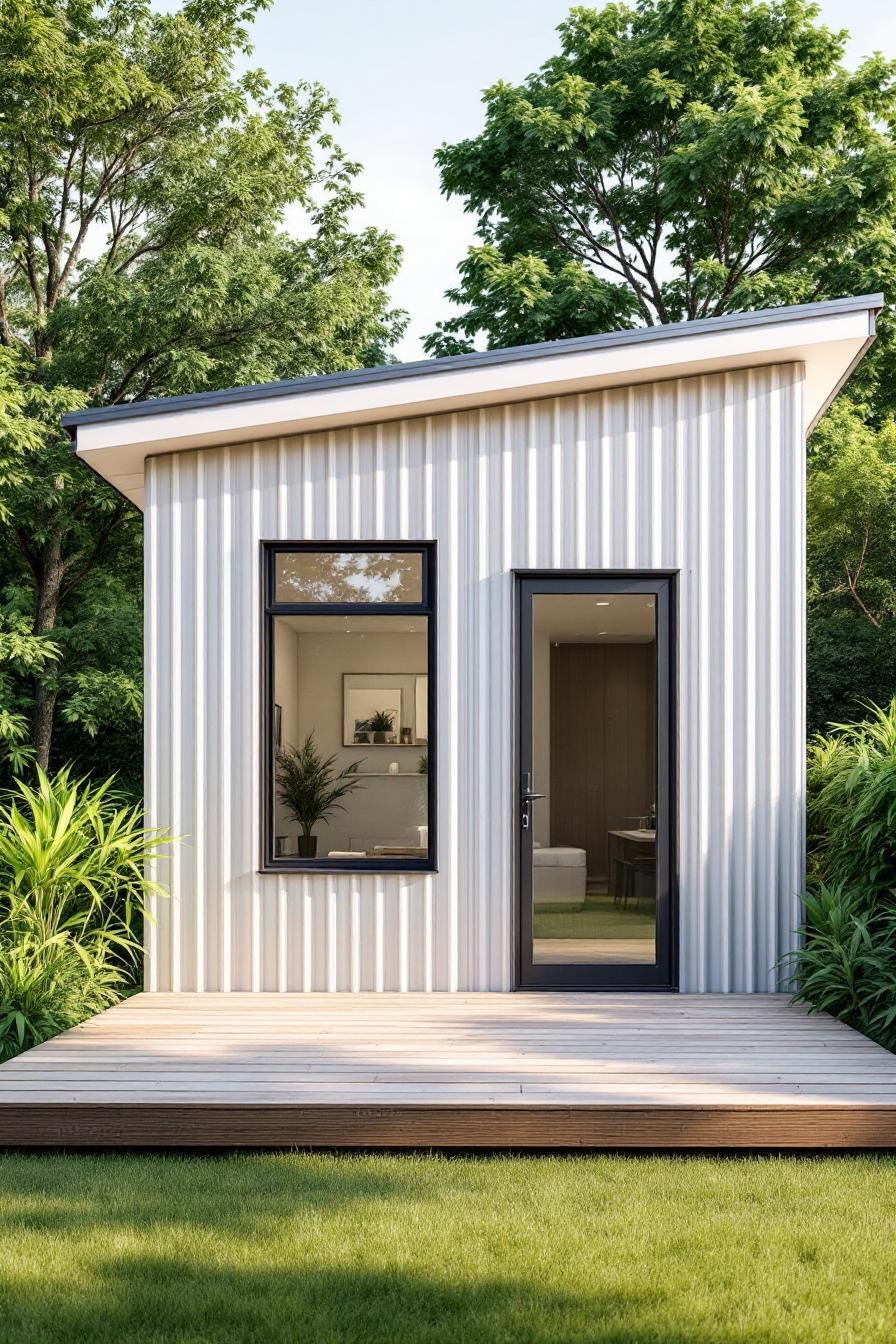 Small modern house with vertical siding and a wooden deck