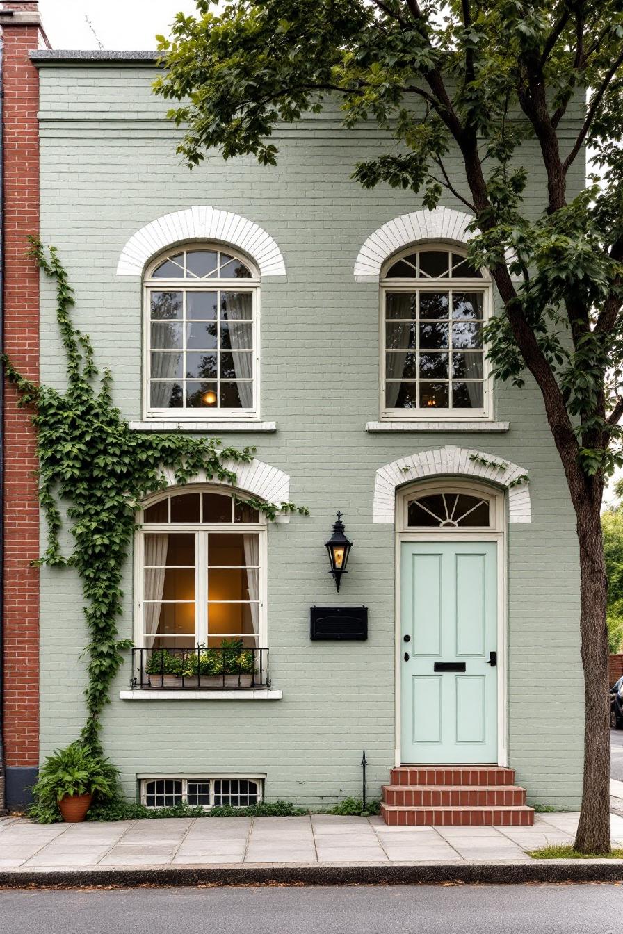 Light green brick house with arched windows