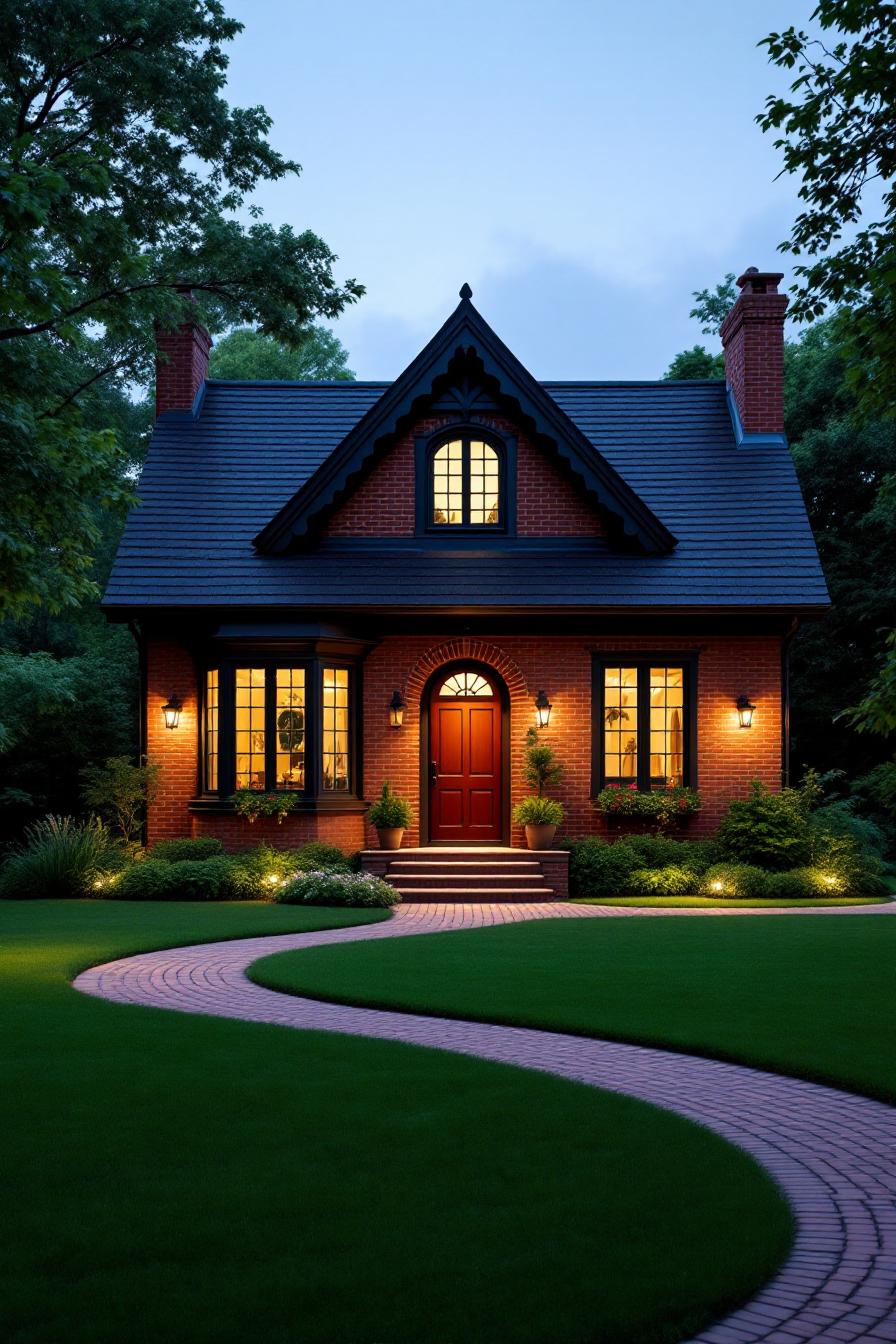 Cozy red brick house with warm lighting at dusk