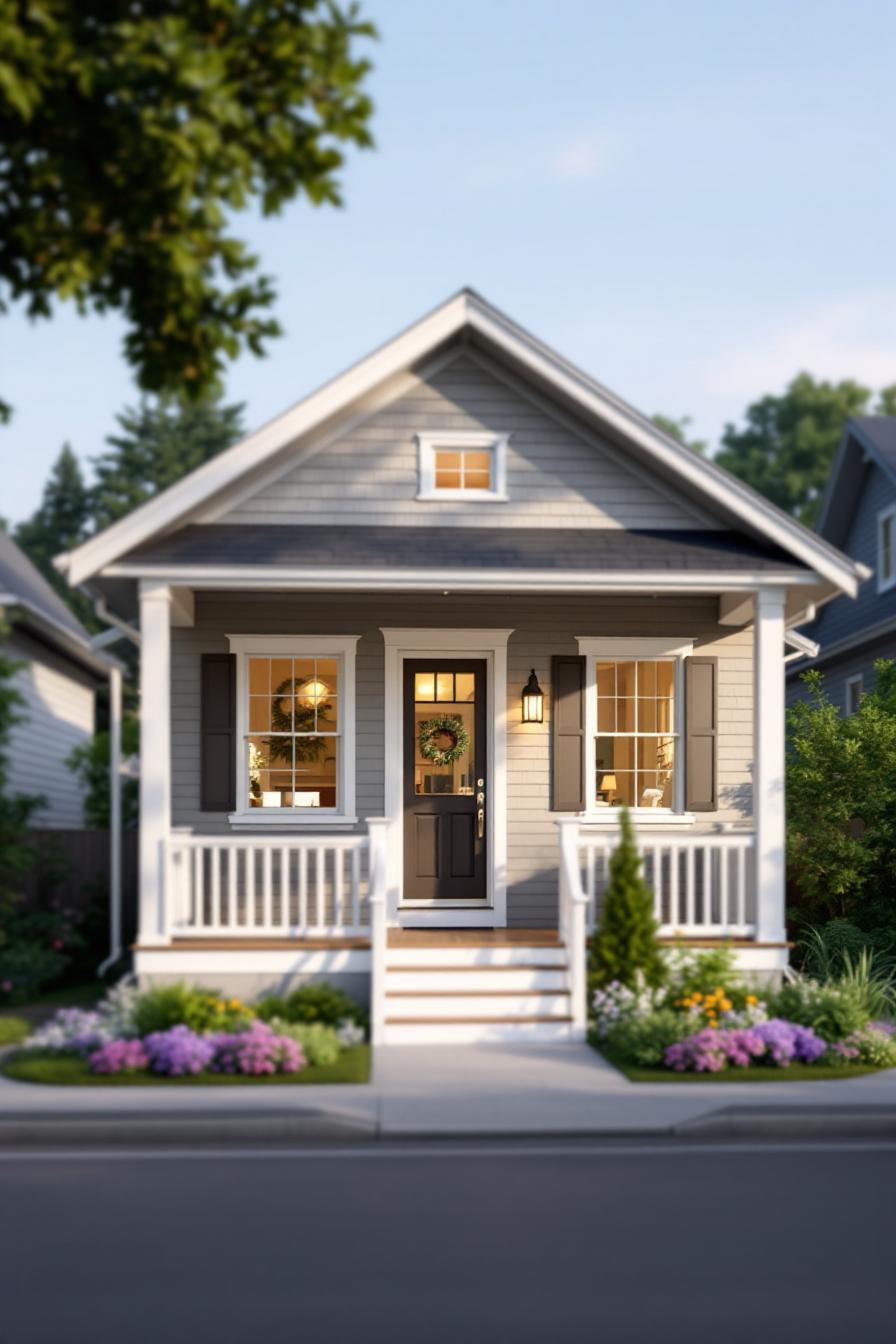 Cute gray Craftsman bungalow with a welcoming front porch