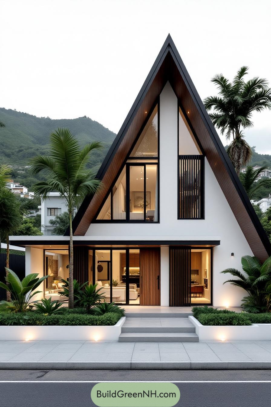 Cozy A-frame tropical house surrounded by lush greenery