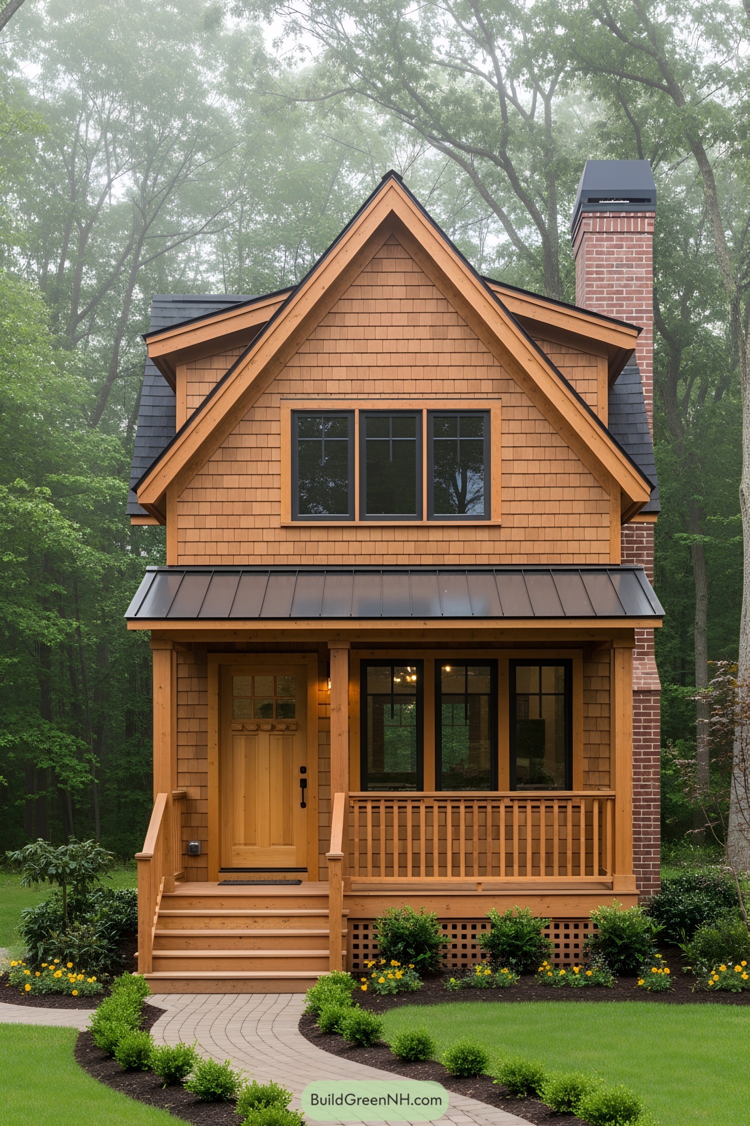 Compact wooden house with a porch surrounded by lush greenery