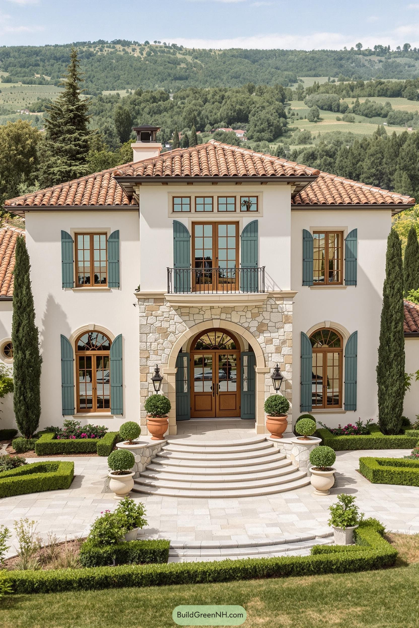 Elegant Tuscan-style mansion with lush landscaping
