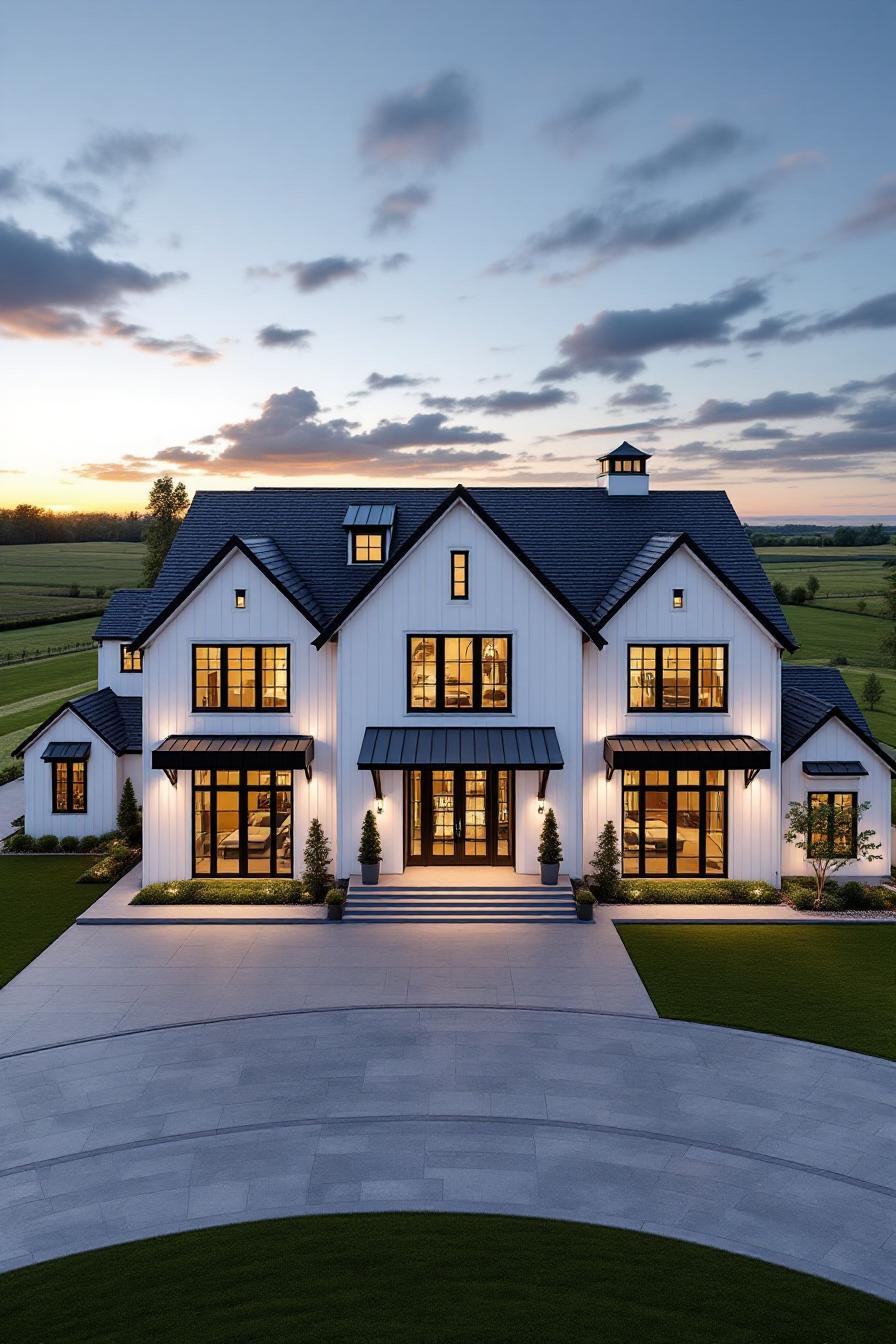 Grand farmhouse mansion glowing at sunset