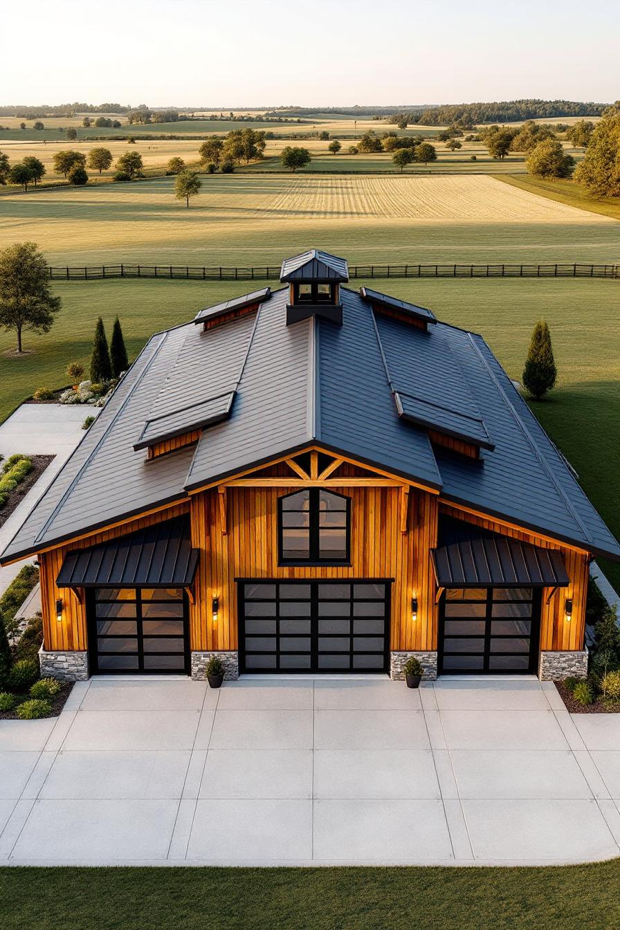 Stylish barndominium with large windows in a sprawling landscape