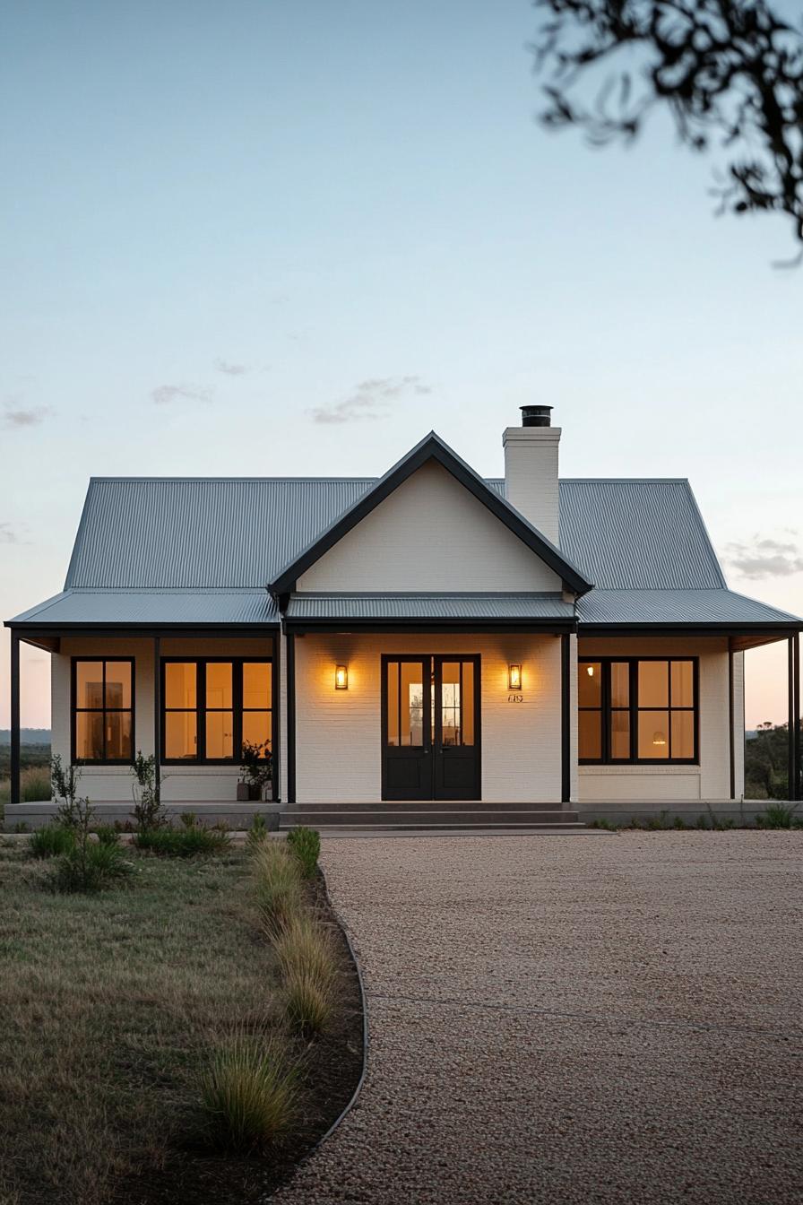 Charming rural house with glowing windows and a neat driveway