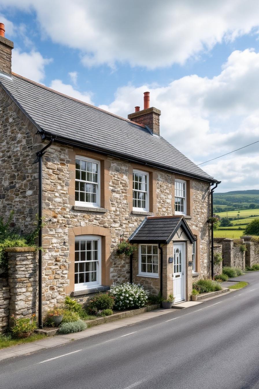 Stone cottage with white-trimmed windows by the roadside